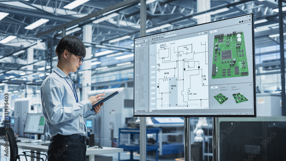 Aufkleber Focused Asian Male Engineer Using Tablet In Front Of TV With Printed Circuit Board Blueprint. Smart Technician Thinking About Performance Improvement Of New Motherboards On Electronics Factory.