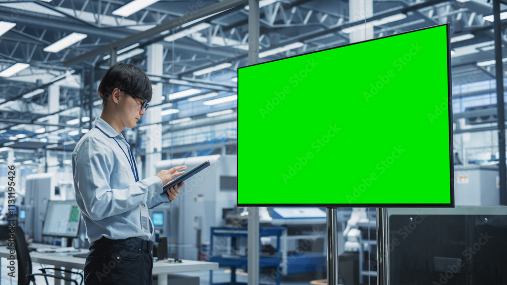 Poster Asian Male Chief Engineer Using Tablet And Looking At TV With Green Screen Chromakey On Display At Autonomous Electronics Factory With Robotic Arms. Man Overlooking Assembly Of New Devices In Office.