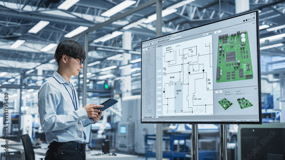 Poster Focused Asian Male Engineer Using Tablet In Front Of TV With Printed Circuit Board Blueprint. Smart Technician Thinking About Performance Improvement Of New Motherboards On Modern Electronics Factory.
