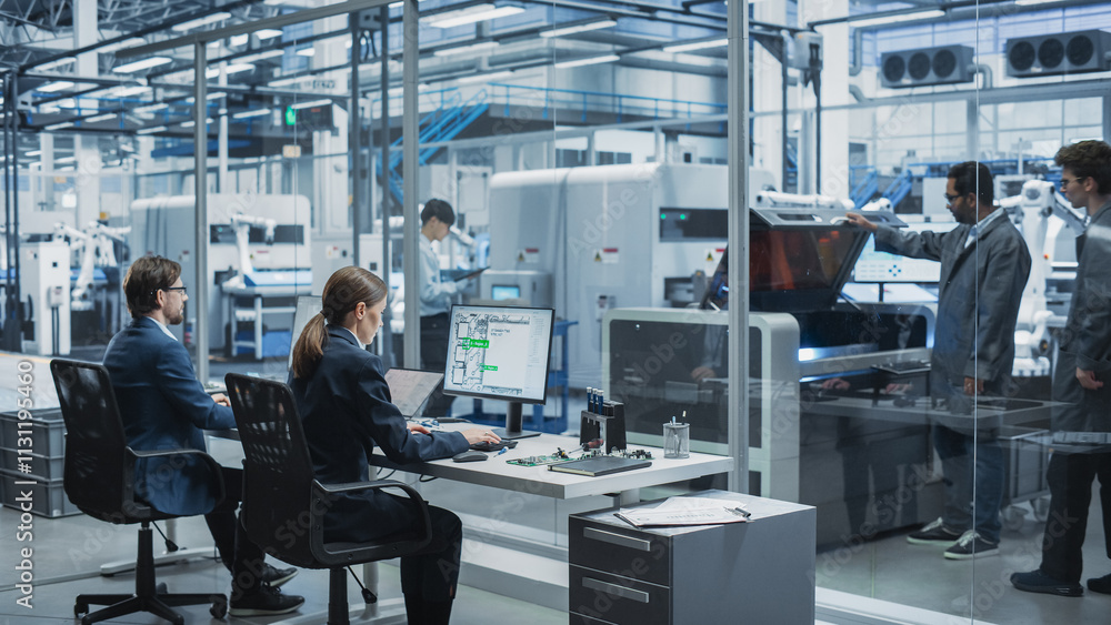 Poster Automated Electronics Factory With Robotic Arms: Diverse Specialists Working On Production Line Of Circuit Boards For Modern High-Tech Devices. Engineers, Assembly Line Workers, Managers Working.