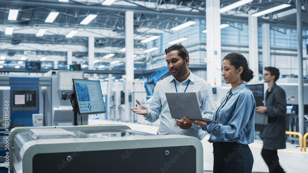 Poster indian male industrial engineer and hispanic female manager using laptop and talking at electronics 