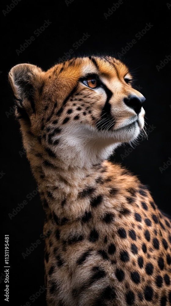 Poster a close-up portrait of a cheetah, showcasing its distinctive spots and alert expression.