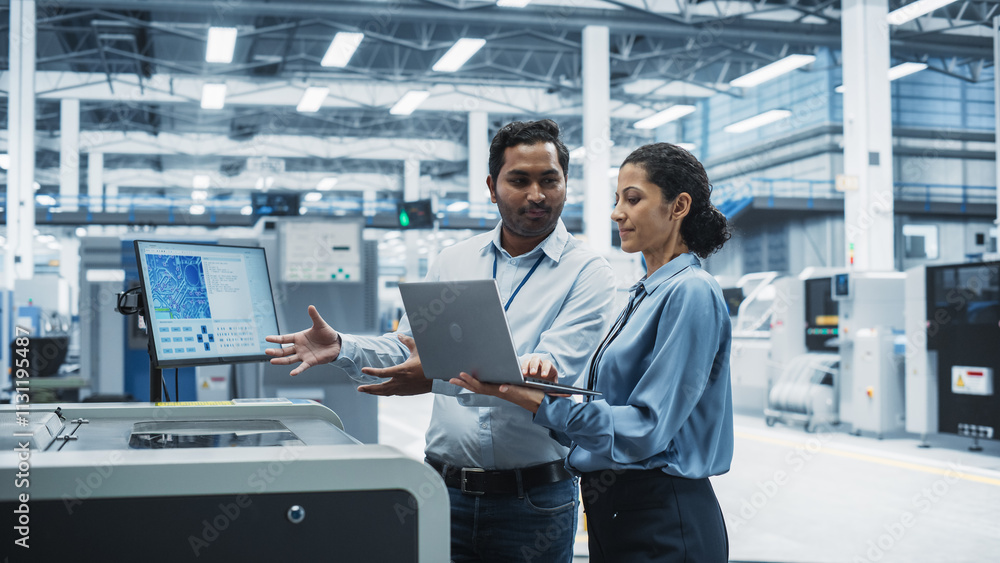 Poster indian male industrial engineer and hispanic female manager using laptop and talking at electronics 