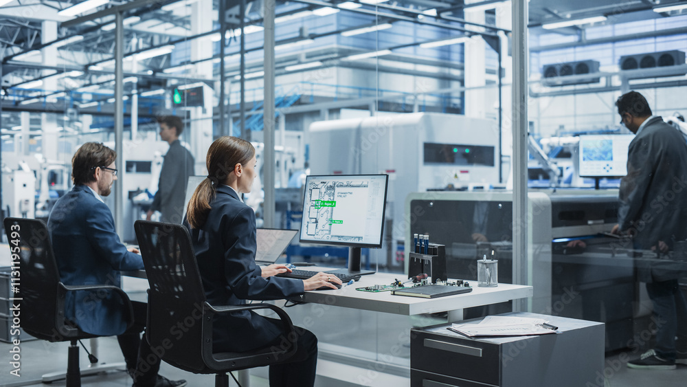 Poster Automated Electronics Factory With Robotic Arms: Diverse Specialists Working On Production Line Of Circuit Boards For Modern High Tech Devices. Engineers, Assembly Line Workers, Managers Working.