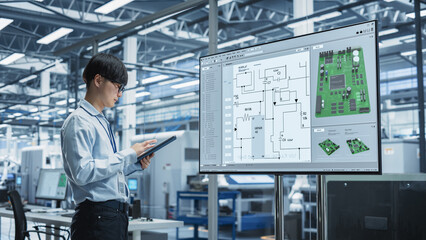 Focused Asian Male Engineer Using Tablet In Front Of TV With Printed Circuit Board Blueprint. Smart...