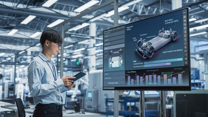 Asian Male Chief Engineer Using Tablet And Looking At TV With Modern Electric Vehicle Transmission...