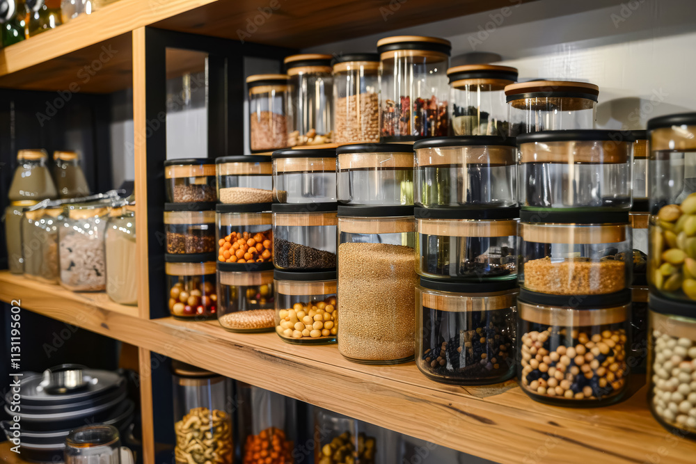 Poster shelf full of glass jars with various spices and grains. the jars are arranged in a way that makes i