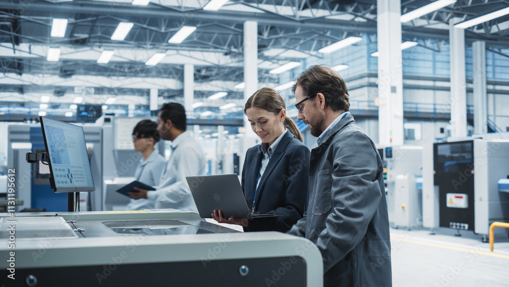 Poster caucasian female manager using laptop and talking to male industrial engineer at an electronics fact
