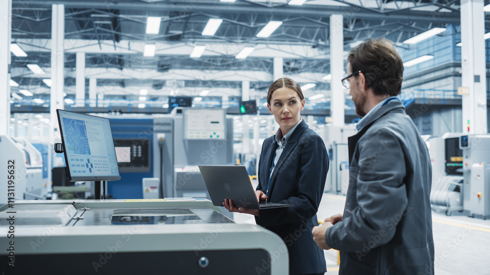 Poster male technician and female businesswoman using laptop computer in modern electronics factory. caucas