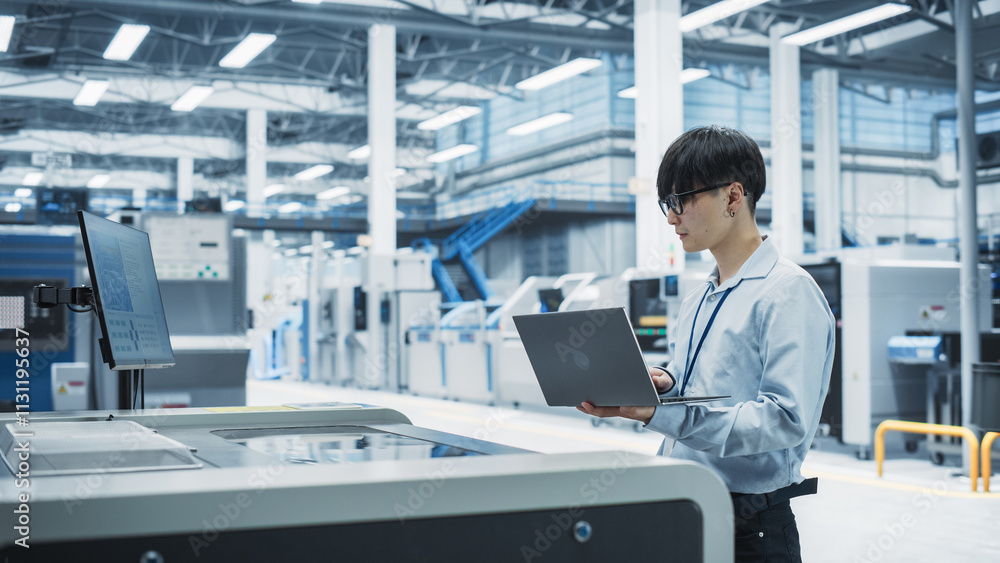 Poster Asian Male Engineer Using Laptop Computer To Control Soldering Jet Printer On Electronics Factory. Man Working On Production Of Innovative Printed Circuit Boards For Artificial Intelligence Systems.