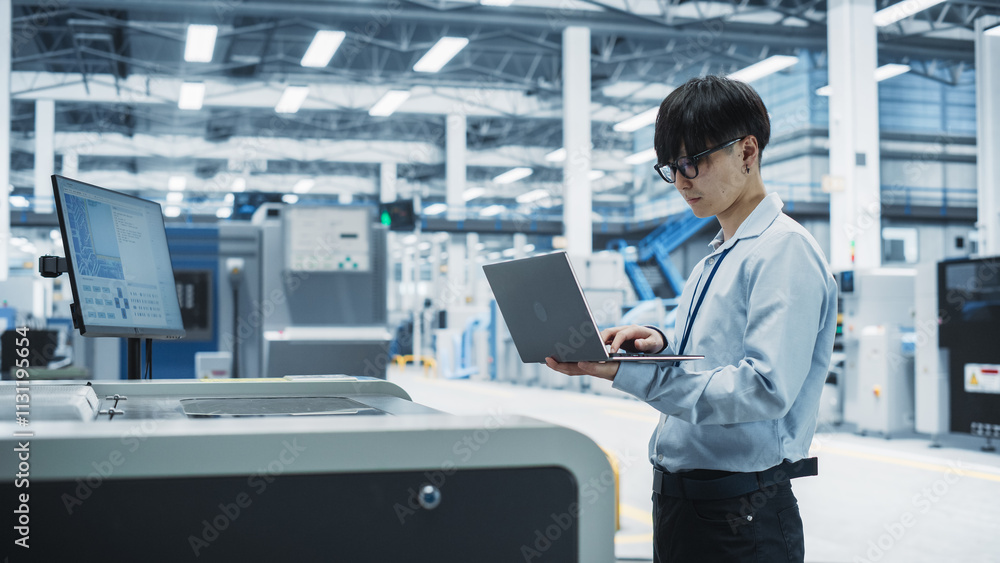 Aufkleber Asian Male Engineer Using Laptop To Control Soldering Jet Printer On Electronics Factory. Man Working On Production Of Innovative Printed Circuit Boards For Artificial Intelligence Systems.