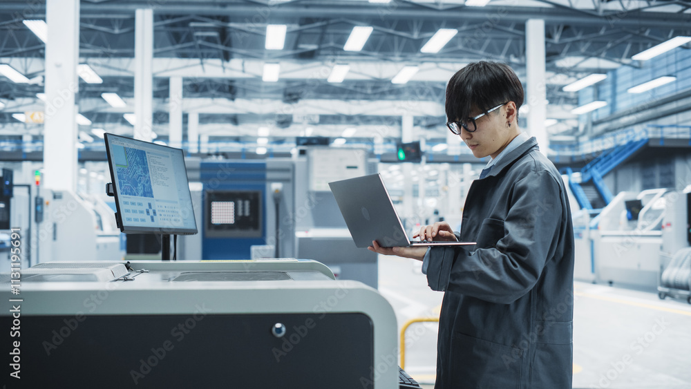 Fototapete asian male industrial engineer using laptop to control soldering jet printer on electronics factory.