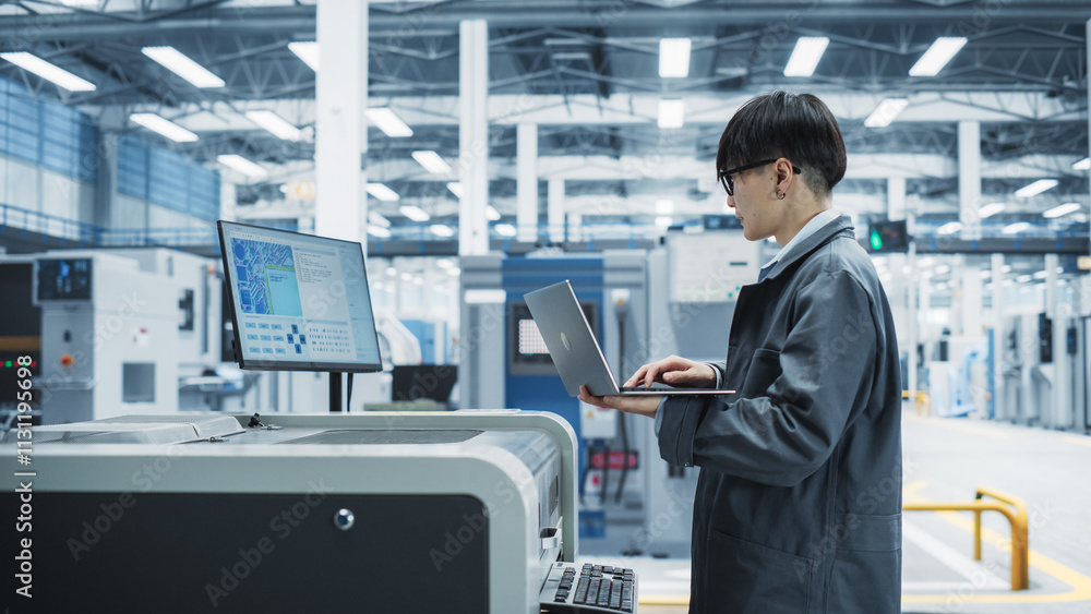 Poster asian male industrial engineer using laptop to control soldering jet printer on modern electronics f