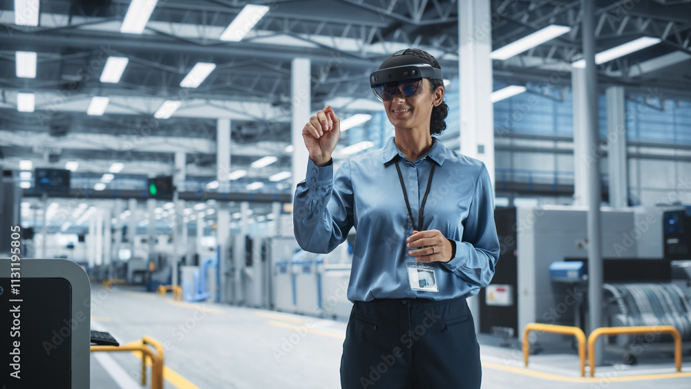 Leinwandbilder Hispanic Female Engineer Wearing an Augmented Reality Headset And Controlling Autonomous Production At an Electronics Factory. Woman Using Gestures To Configure Assembly Line of High-Tech Devices