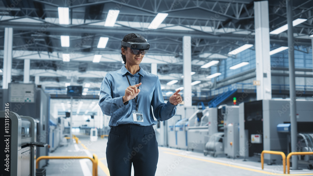 Poster Hispanic Female Engineer Wearing an Augmented Reality Headset And Controlling Autonomous Production At an Electronics Factory. Technician Using Gestures To Configure Assembly Line of High Tech Devices