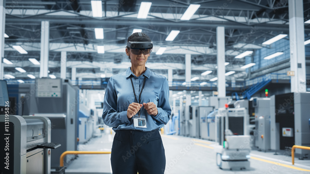 Poster Hispanic Female Engineer Wearing an Augmented Reality Headset And Controlling Autonomous Production At Electronics Factory. Woman Using Gestures To Configure Assembly Line of High-Tech Devices