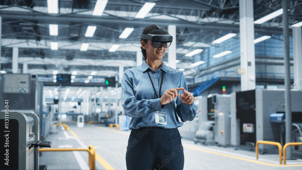 Poster Hispanic Female Engineer Wearing an Augmented Reality Headset And Controlling Autonomous Production At Electronics Factory. Woman Using Gestures To Configure Assembly Line of High Tech Devices