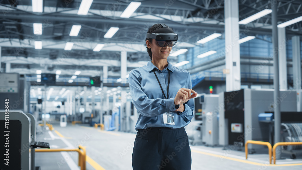 Fototapete hispanic female engineer wearing an augmented reality headset and controlling autonomous production 