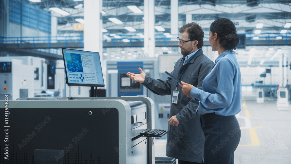 Leinwandbilder caucasian male industrial engineer and hispanic female manager using tablet and talking at electroni