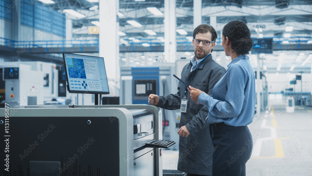 Poster Caucasian Male Engineer And Hispanic Female Manager Using Tablet And Talking At Electronics Factory. Man Using Soldering Jet Printer, Explaining Process Behind Production Of Circuit Boards.
