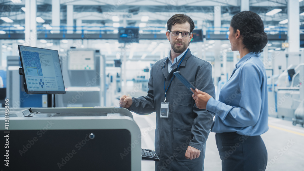 Poster Caucasian Industrial Engineer And Hispanic Female Supervisor Using Tablet And Talking At Electronics Factory. Man Using Soldering Jet Printer, Explaining Process Behind Production Of Microchips.