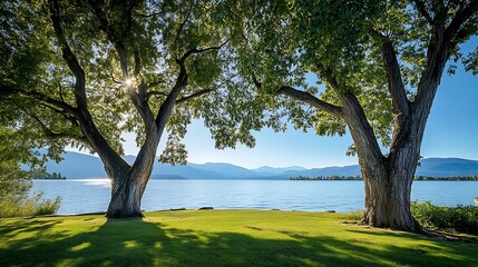 Serene lakeside view with two large trees framing a calm lake and distant mountains under a sunny sky.