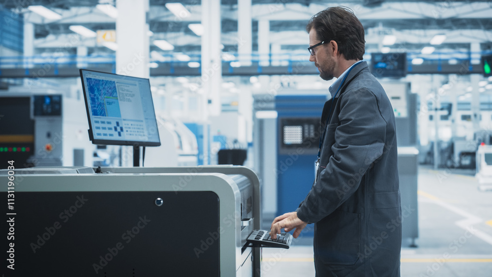 Poster Caucasian Male Assembly Line Worker Using Soldering Jet Printer For Production Of Circuit Boards At Modern Autonomous Factory. Man Working On Computer Parts For Artificial Intelligence Systems.