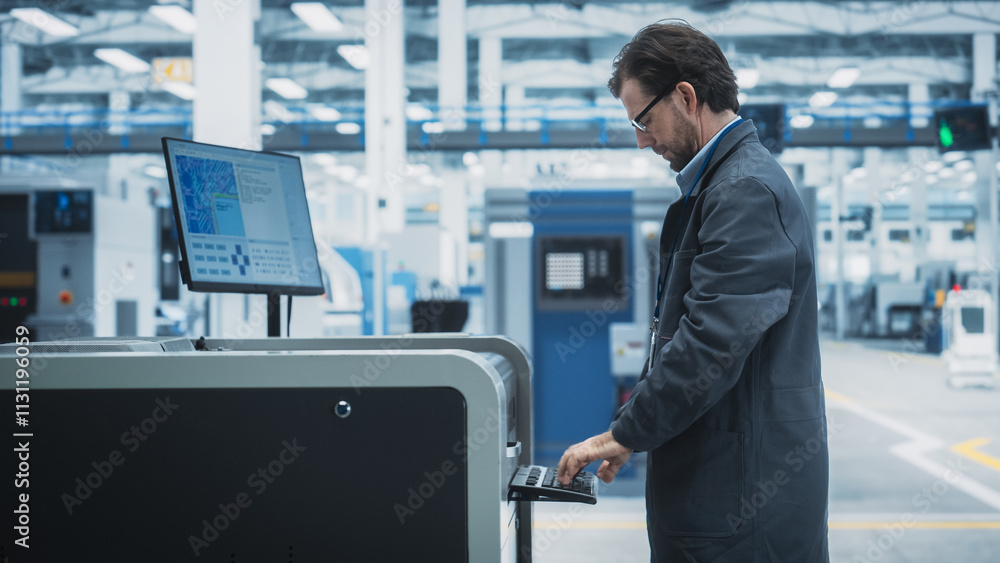 Poster Caucasian Male Assembly Line Worker Using Soldering Jet Printer For Production Of Circuit Boards At Autonomous Factory. Man Working On Computer Parts For High Tech Artificial Intelligence Systems.