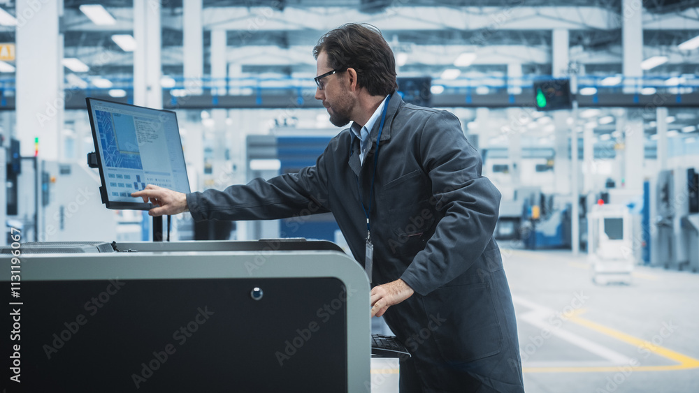 Poster Caucasian Male Assembly Line Worker Using Soldering Jet Printer For Production Of Circuit Boards At Autonomous Factory. Man Working On Computer Parts For High-Tech Artificial Intelligence Systems.