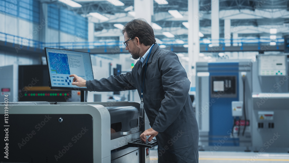 Poster Caucasian Male Assembly Line Worker Using Soldering Jet Printer For Production Of Circuit Boards At an Advanced Autonomous Factory. Man Working On Computer Parts For Artificial Intelligence Systems.