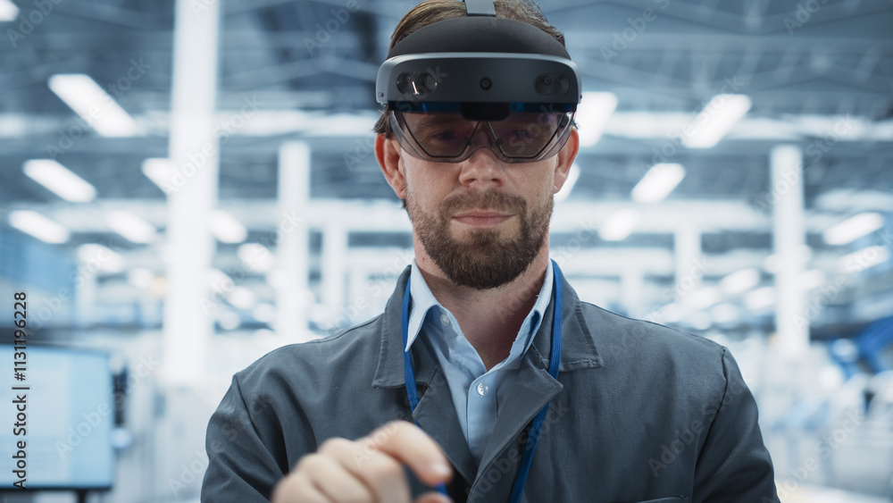 Poster Portrait Of Caucasian Male Engineer Wearing an Augmented Reality Headset, Controlling Autonomous Production At Electronics Factory. Man Using Gestures To Configure Assembly Line of High-Tech Devices.