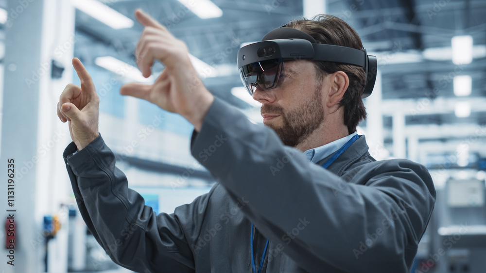 Aufkleber Portrait of Caucasian Male Engineer Wearing Augmented Reality Headset And Controlling Autonomous Production At an Electronics Factory. Technician Using Gestures To Configure Automated Assembly Line
