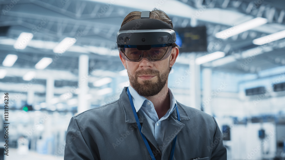 Aufkleber Portrait Of Caucasian Male Engineer Wearing an Augmented Reality Headset, Controlling Autonomous Production At Electronics Factory. Man Using Gestures To Configure Assembly Line of High Tech Devices.