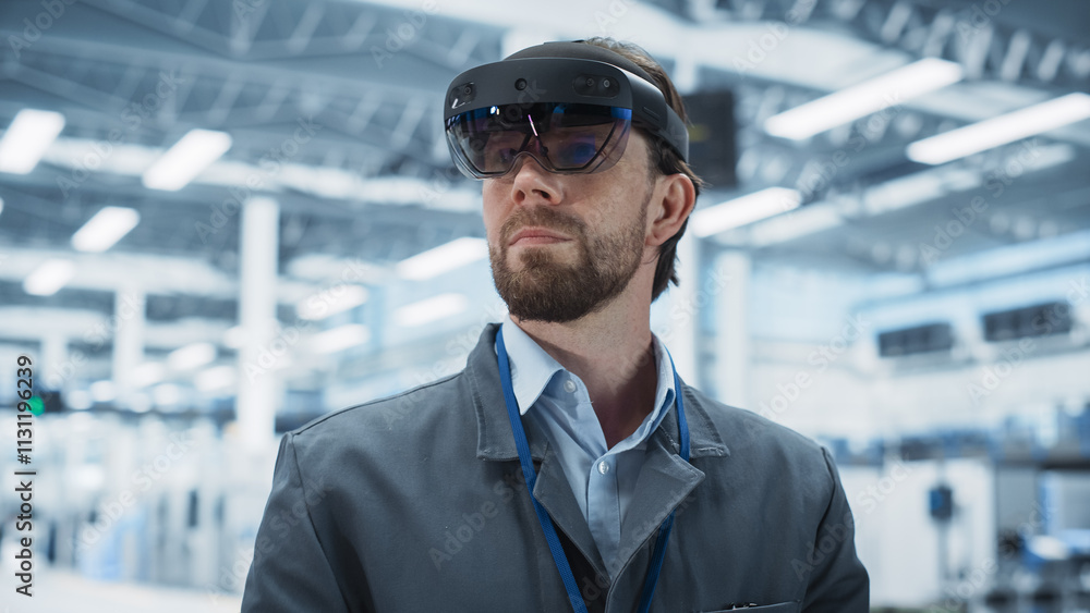 Poster Portrait Of Caucasian Male Engineer Wearing Augmented Reality Headset, Controlling Autonomous Production At Electronics Factory. Man Using Gestures To Configure Assembly Line of High Tech Devices.