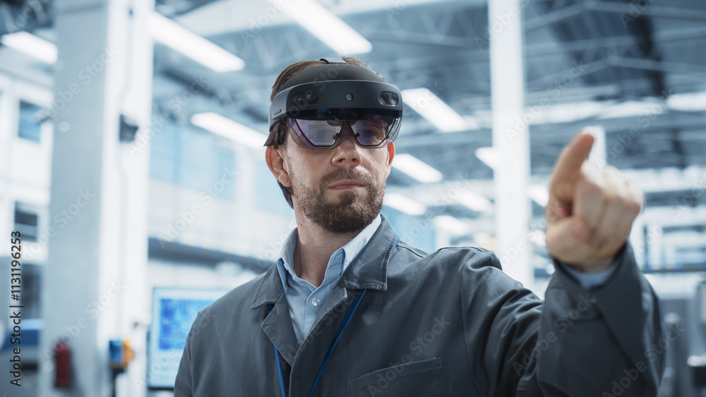 Fototapete portrait of caucasian male engineer wearing augmented reality headset, controlling autonomous produc