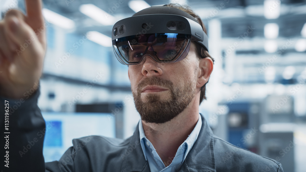 Aufkleber Close-Up Portrait Of Caucasian Male Engineer Wearing Augmented Reality Headset, Controlling Autonomous Production At an Electronics Factory. Man Using Gestures To Configure Assembly Line of Devices.