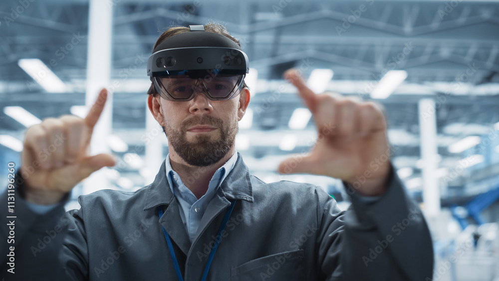 Poster Portrait Of Caucasian Male Engineer Wearing Augmented Reality Headset, Controlling Autonomous Production At Electronics Factory. Man Using Gestures To Configure Assembly Line of High-Tech Devices.