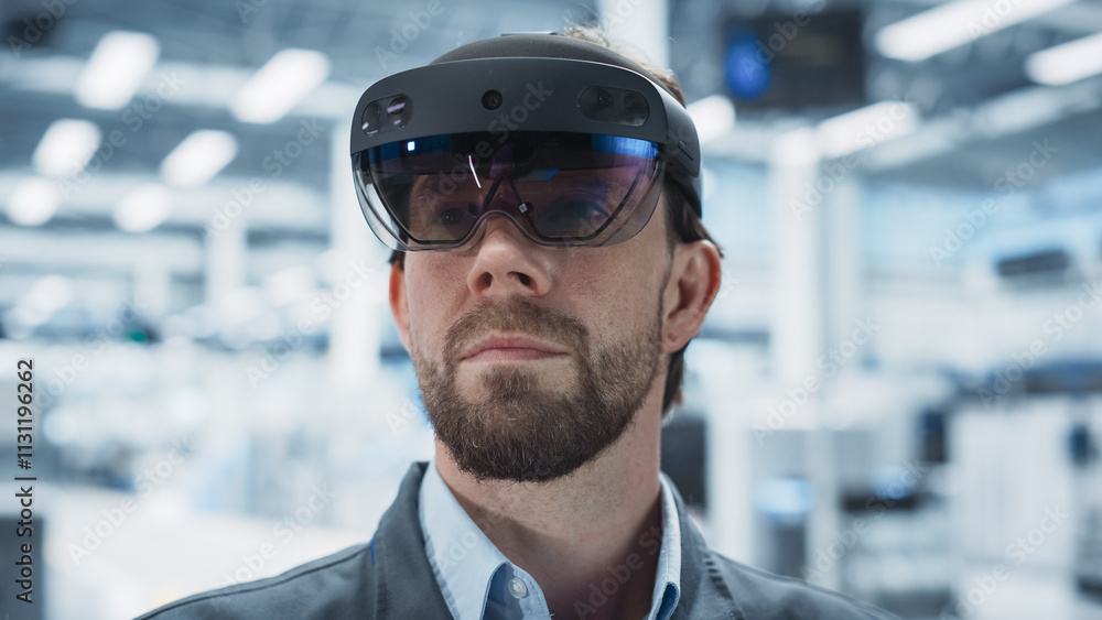 Poster Close Up Portrait Of Caucasian Male Engineer Wearing Augmented Reality Headset, Controlling Autonomous Production At Electronics Factory. Man Using Gestures To Configure Assembly Line of New Devices.
