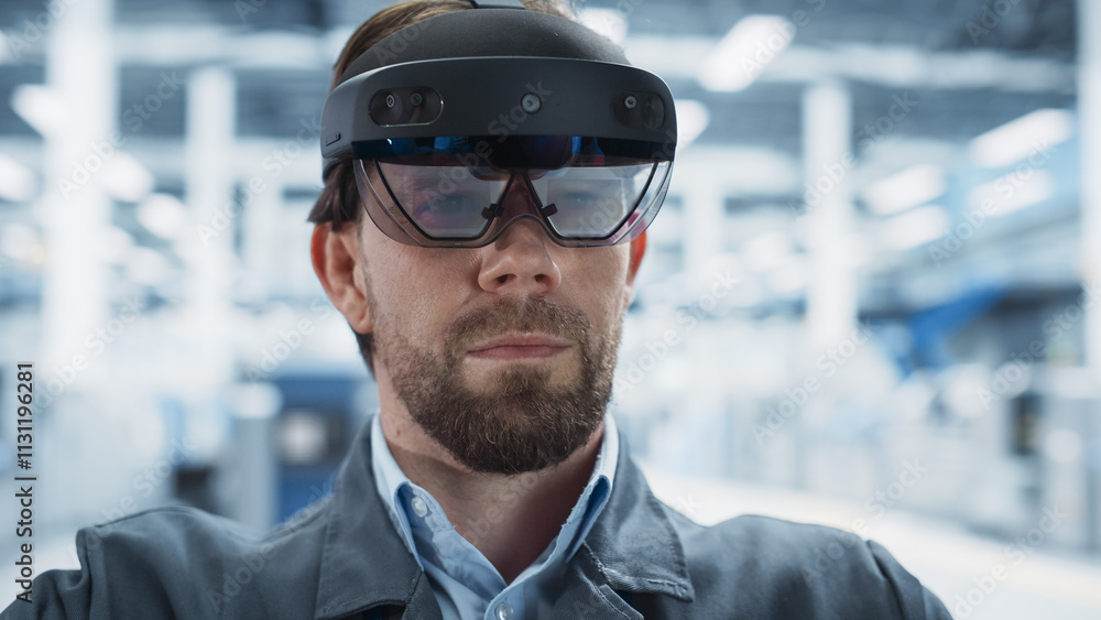 Poster Close-Up Portrait Of Caucasian Male Engineer Wearing Augmented Reality Headset, Controlling Autonomous Production At Electronics Factory. Man Using Gestures To Configure Assembly Line of New Devices.