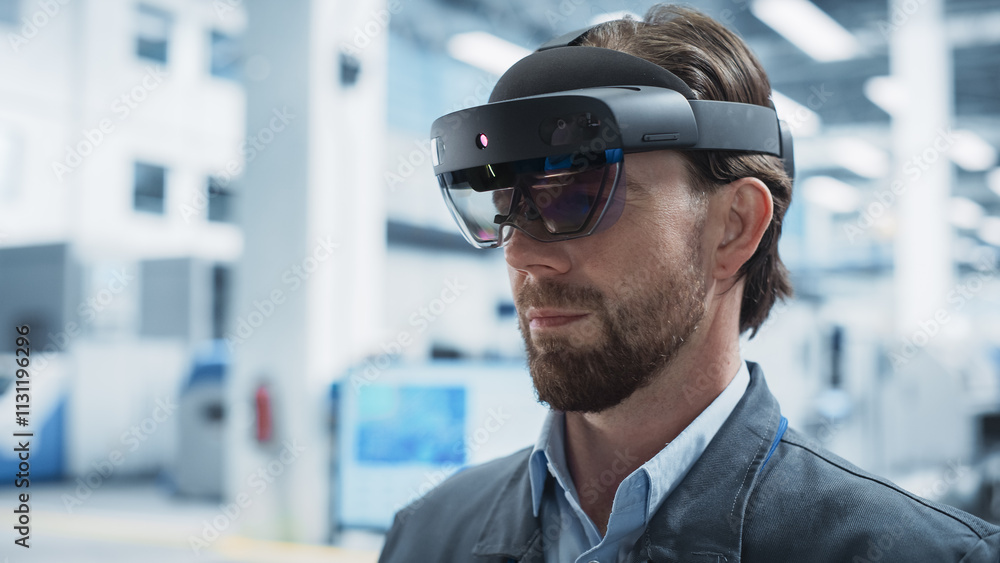 Aufkleber Close Up Portrait Of Caucasian Male Engineer Wearing an Augmented Reality Headset, Controlling Autonomous Production At an Electronics Factory. Man Using Gestures To Configure Assembly Line of Devices
