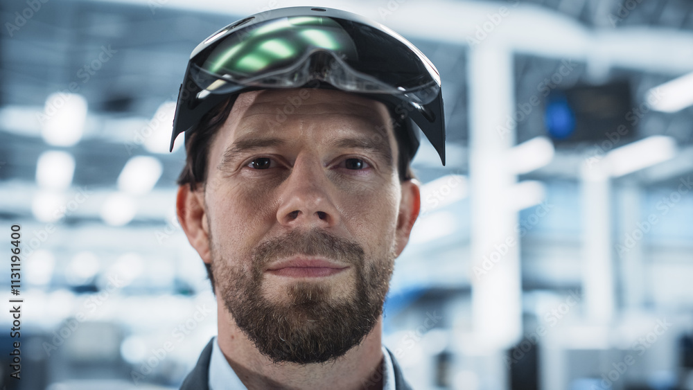 Poster Close Up Portrait Of Caucasian Male Engineer Wearing Augmented Reality Headset, Controlling Autonomous Production At Electronics Factory. Man Overlooking Assembling Process Of Computer Parts