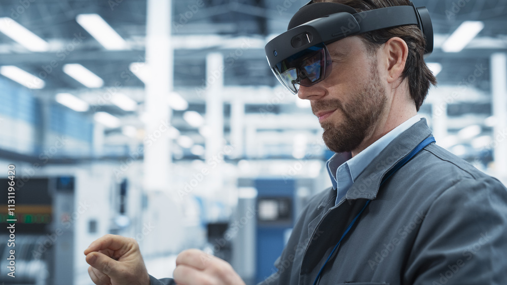 Leinwandbilder Close-Up Of Caucasian Male Engineer Wearing an Augmented Reality Headset And Controlling Soldering Jet Printer At Electronics Factory. Technician Using Gestures To Configure Industrial Machinery.