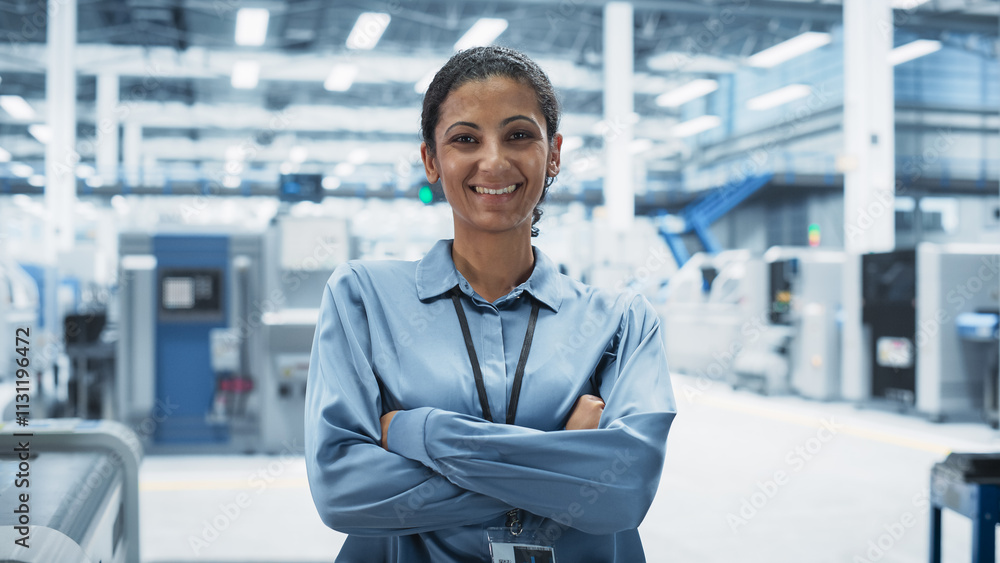 Poster portrait of hispanic female facility manager standing with crossed arms, looking at camera and smili