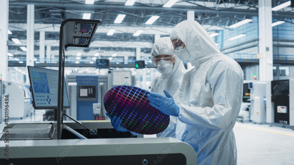 Fototapete semiconductor production at electronics manufacturing facility: two specialists in sterile suits tak