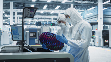 Semiconductor Production At Electronics Manufacturing Facility: Two Specialists In Sterile Suits...