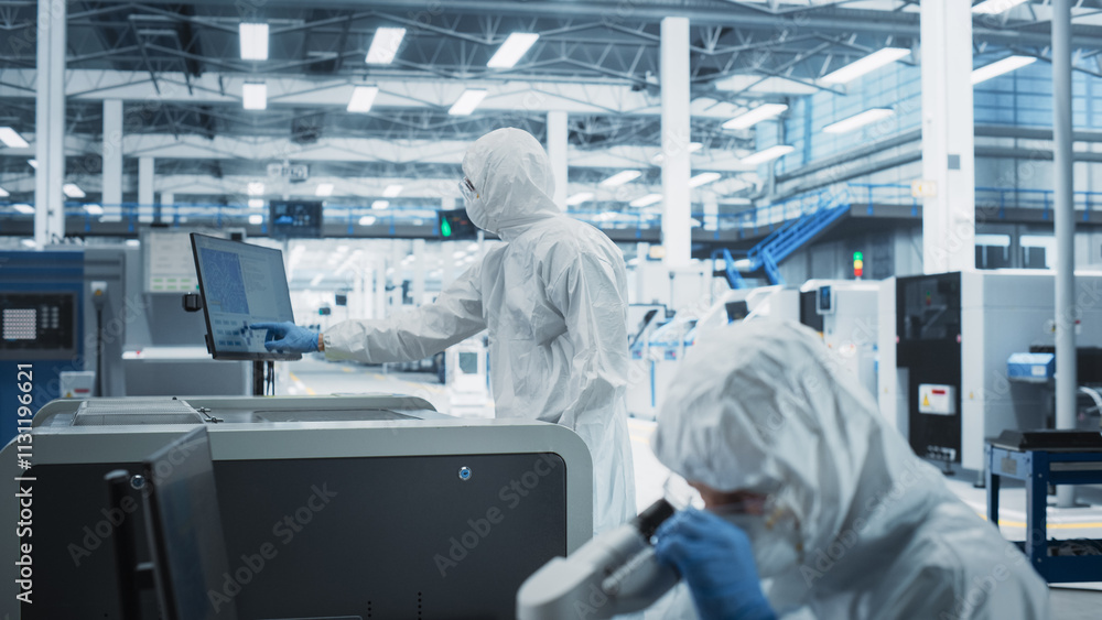 Aufkleber Two Scientists In Sterile Suites At Research Factory: Engineer Using Microscope And Desktop Computer To Inspect Microchip While His Colleague Using Soldering Jet Printer To Print New Circuit Boards.