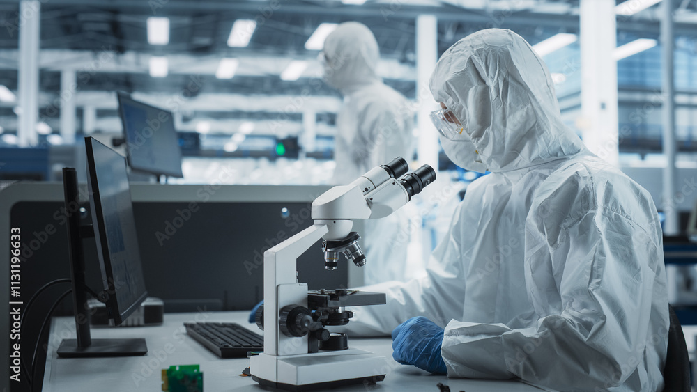 Poster Two Scientists In Sterile Suites At Research Factory: Engineer Using Microscope And Desktop Computer To Inspect Microchip While His Colleague Using Soldering Jet Printer To Print Circuit Boards.