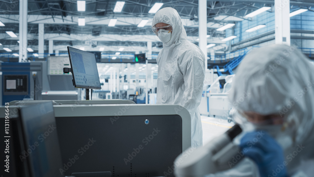 Poster Two Scientists In Sterile Suites At Research Factory: Engineer Using Microscope And Desktop Computer To Inspect Microchip While His Colleague Using Soldering Jet Printer To Print Modern Motherboards.