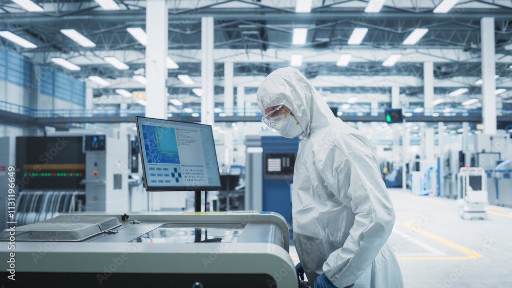 Aufkleber printed circuit board production at electronics factory: technician in sterile suit using soldering 