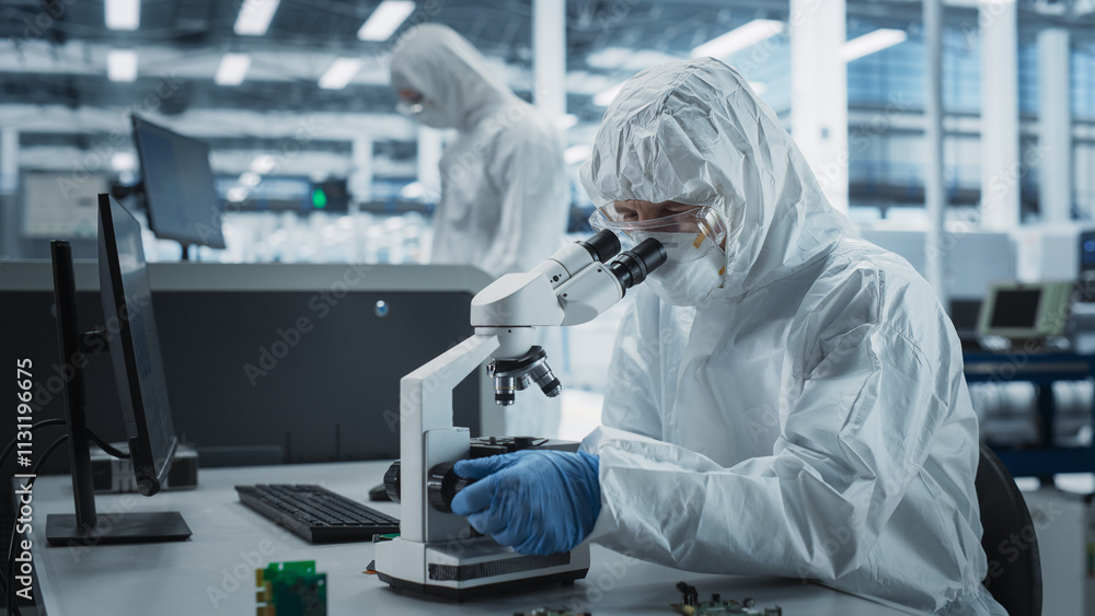 Aufkleber Two Scientists In Sterile Suites At Electronics Factory: Engineer Using Microscope And Desktop Computer To Inspect Microchip While His Colleague Using Soldering Jet Printer To Print Modern Motherboard